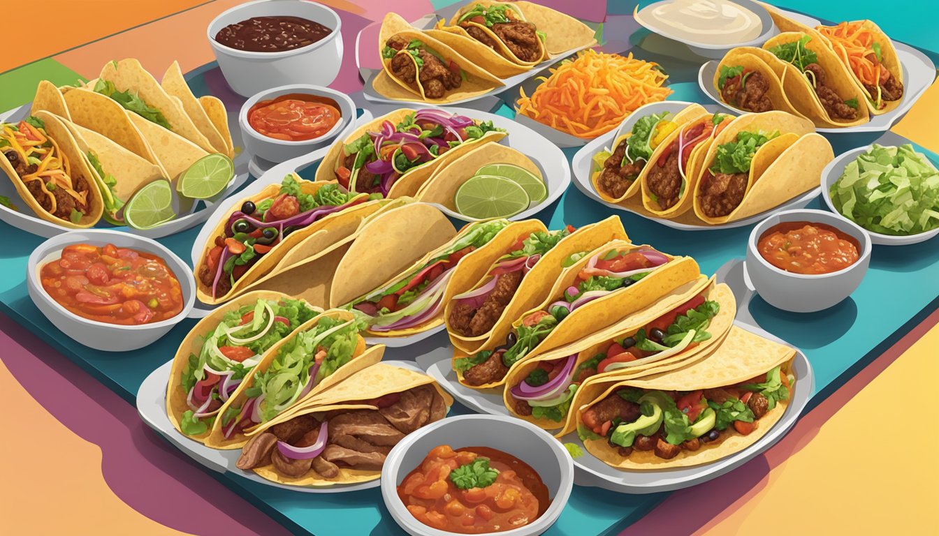 A colorful array of tacos, filled with a variety of meats, vegetables, and salsas, sit on a table in a lively campus cafeteria