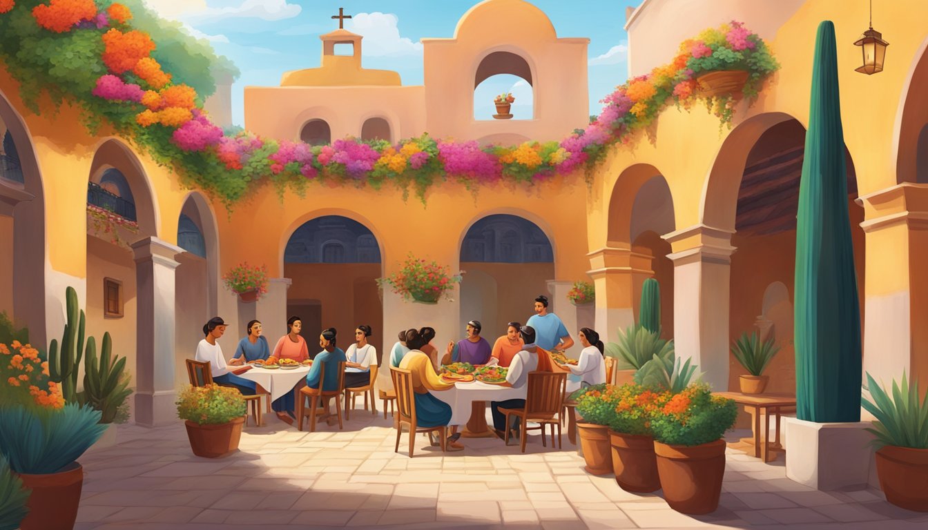 A colorful Mexican monastery courtyard with a group of people gathered around a table enjoying tacos, surrounded by vibrant flowers and traditional architecture