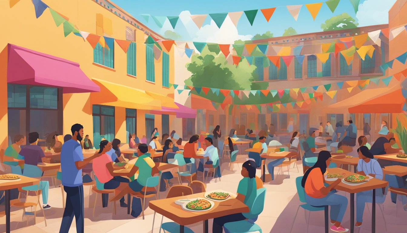 A vibrant university courtyard with students enjoying tacos from colorful food stalls, surrounded by murals of Mexican cultural icons