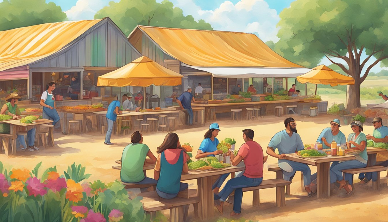 Vibrant farm landscape with colorful taco stands and happy customers enjoying the best farm-to-table taco experience in rural Texas