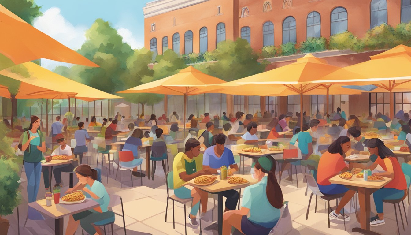 A bustling campus courtyard with diverse students enjoying a variety of taco offerings from colorful food stalls