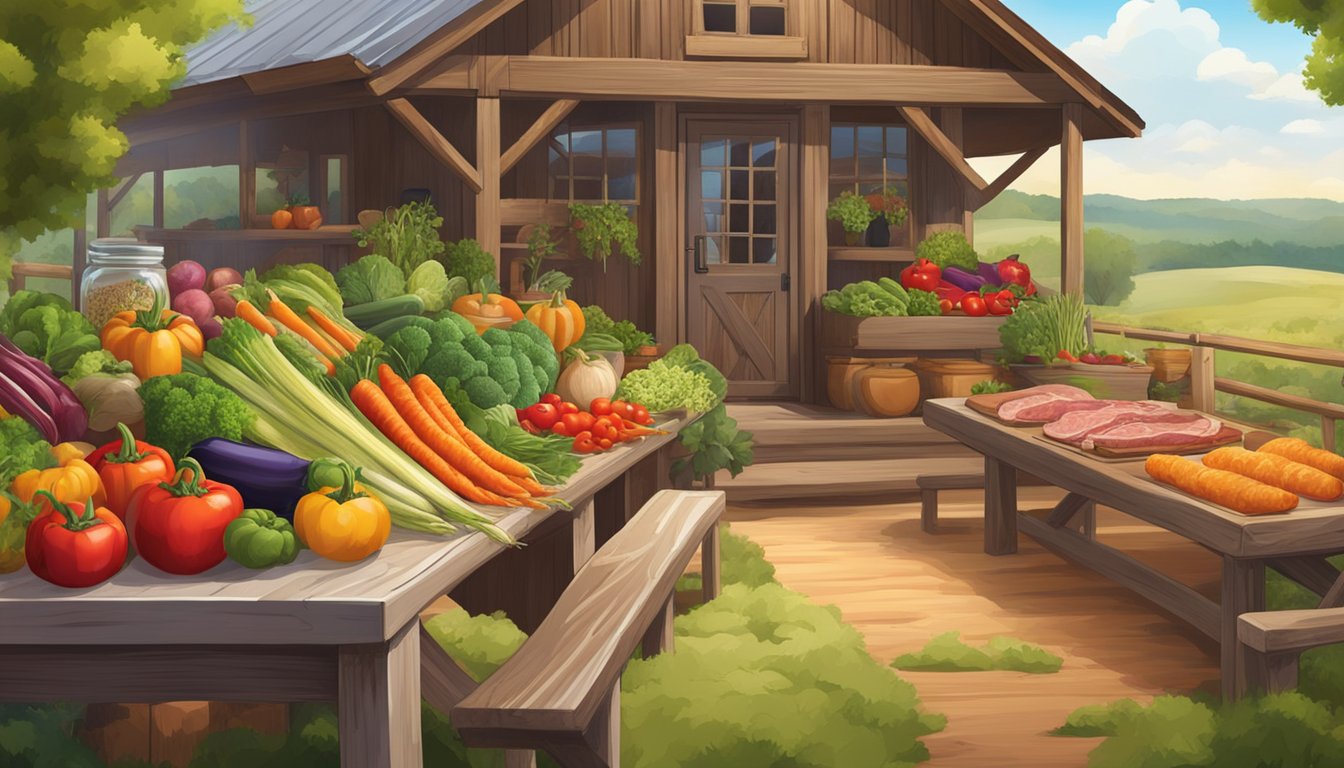 A rustic farm setting with a colorful array of fresh vegetables, herbs, and meats displayed on a wooden table, surrounded by rolling Texas countryside