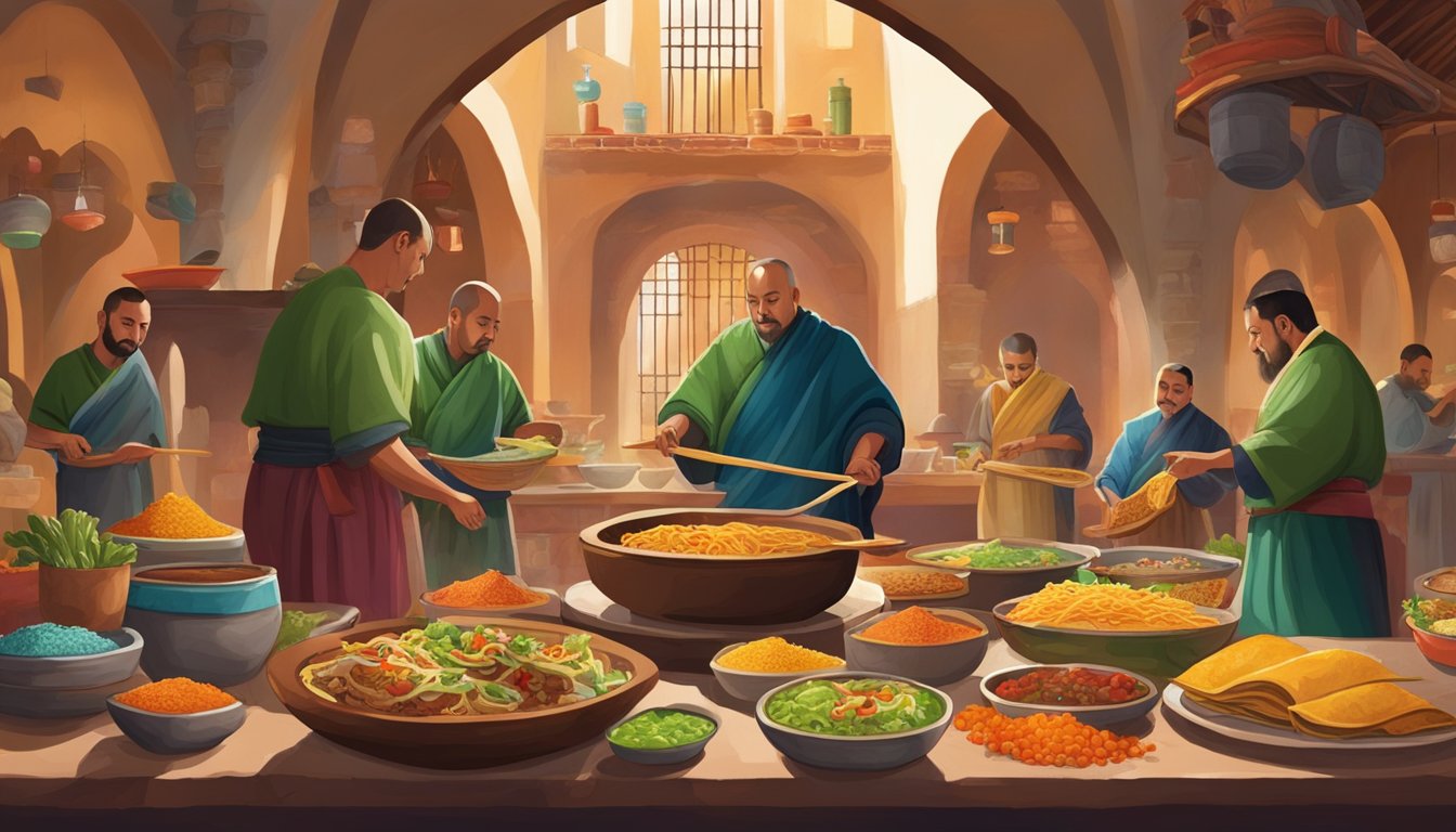 A Mexican monastery with monks making tacos, surrounded by colorful ingredients and traditional cooking utensils