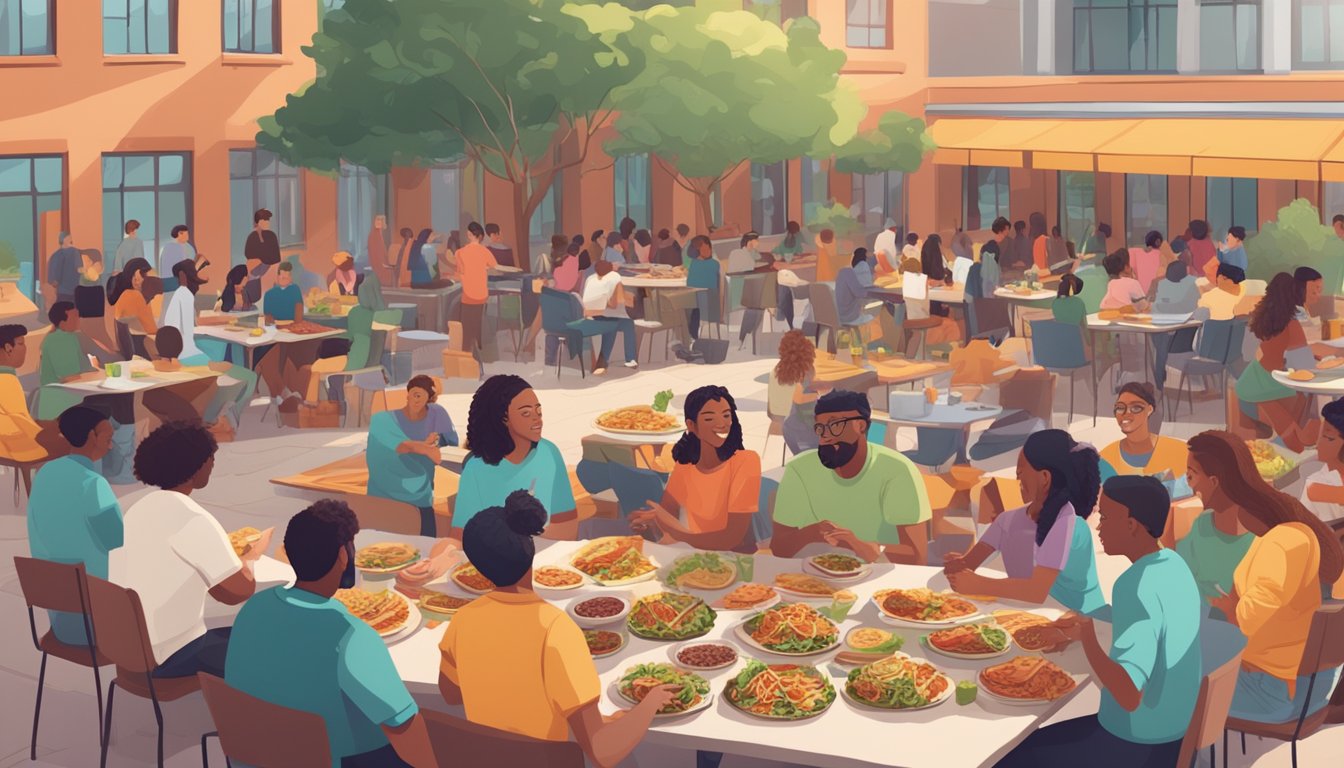 A colorful spread of tacos with various fillings and toppings on a table, surrounded by students chatting and laughing in a university courtyard