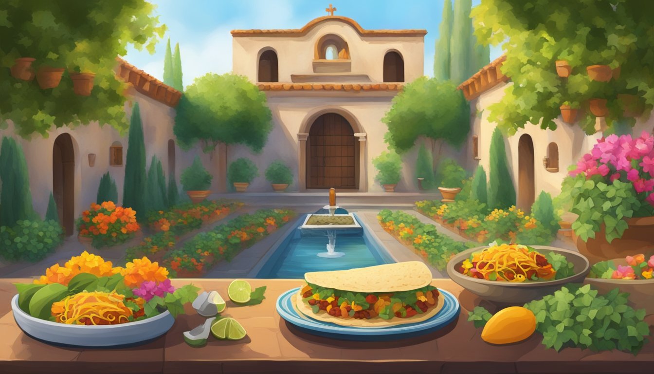 A serene Mexican monastery courtyard with a stone fountain, surrounded by colorful flowers and ivy-covered walls. A table is set with plates of steaming tacos