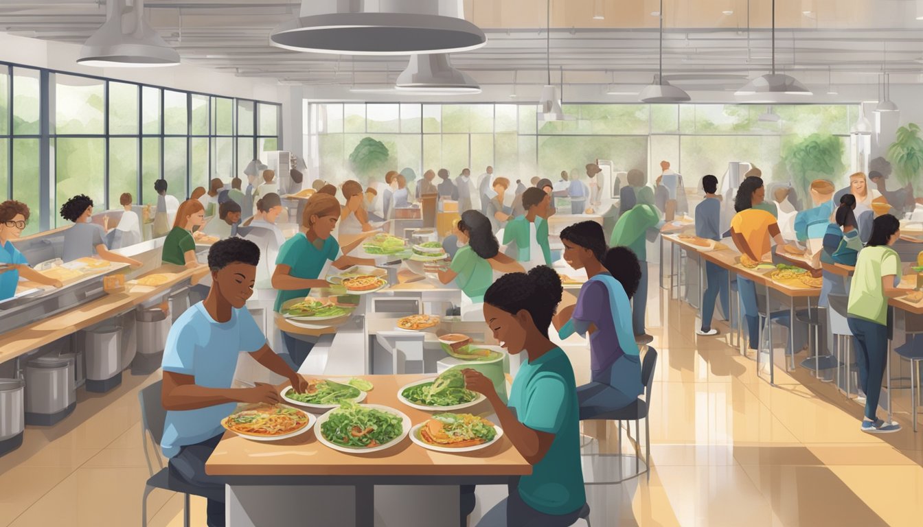 A bustling university cafeteria with students and staff using eco-friendly utensils and containers to prepare and enjoy sustainable tacos