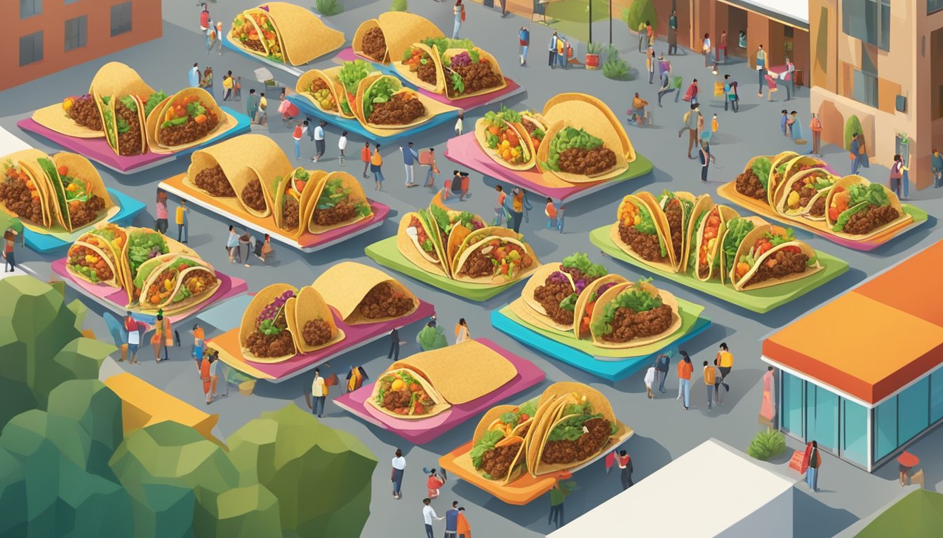 A colorful array of tacos on display, featuring innovative ingredients and creative serving methods, set against the backdrop of a bustling Mexican university campus