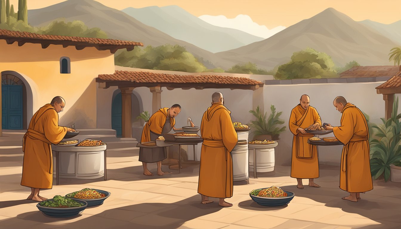 A group of monks in traditional robes prepare and serve tacos in a serene Mexican monastery courtyard