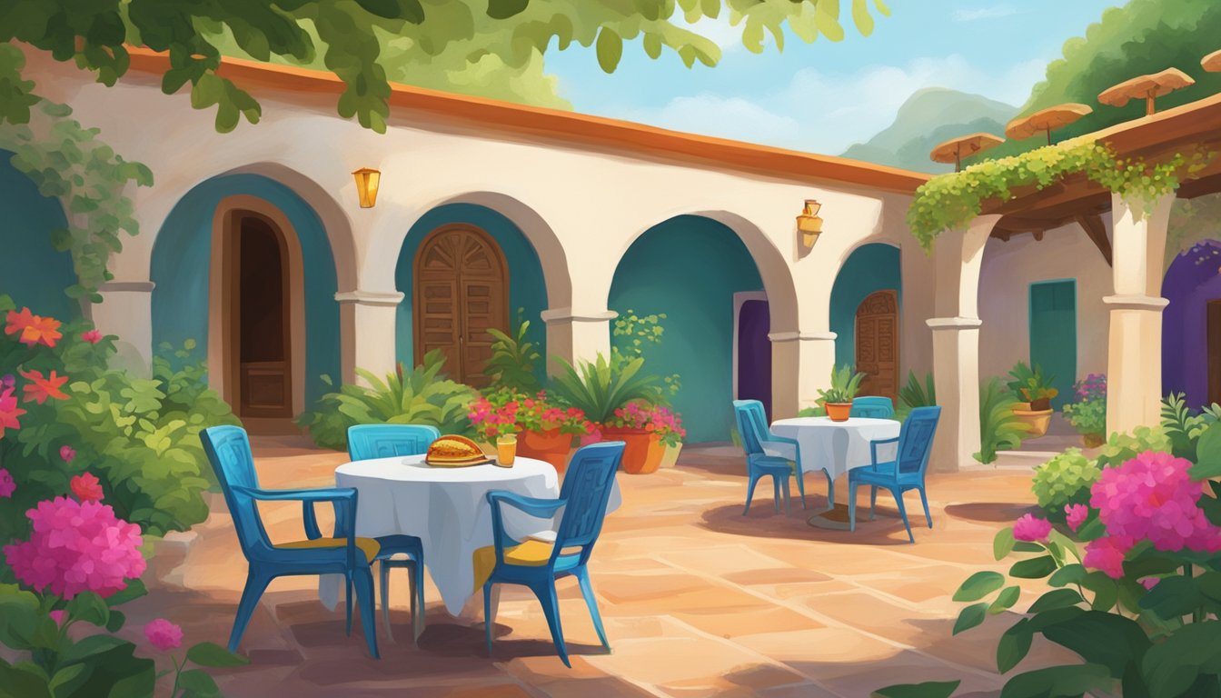 A serene Mexican monastery courtyard with colorful tables and chairs, surrounded by lush greenery and vibrant flowers. A plate of delicious tacos sits on one of the tables