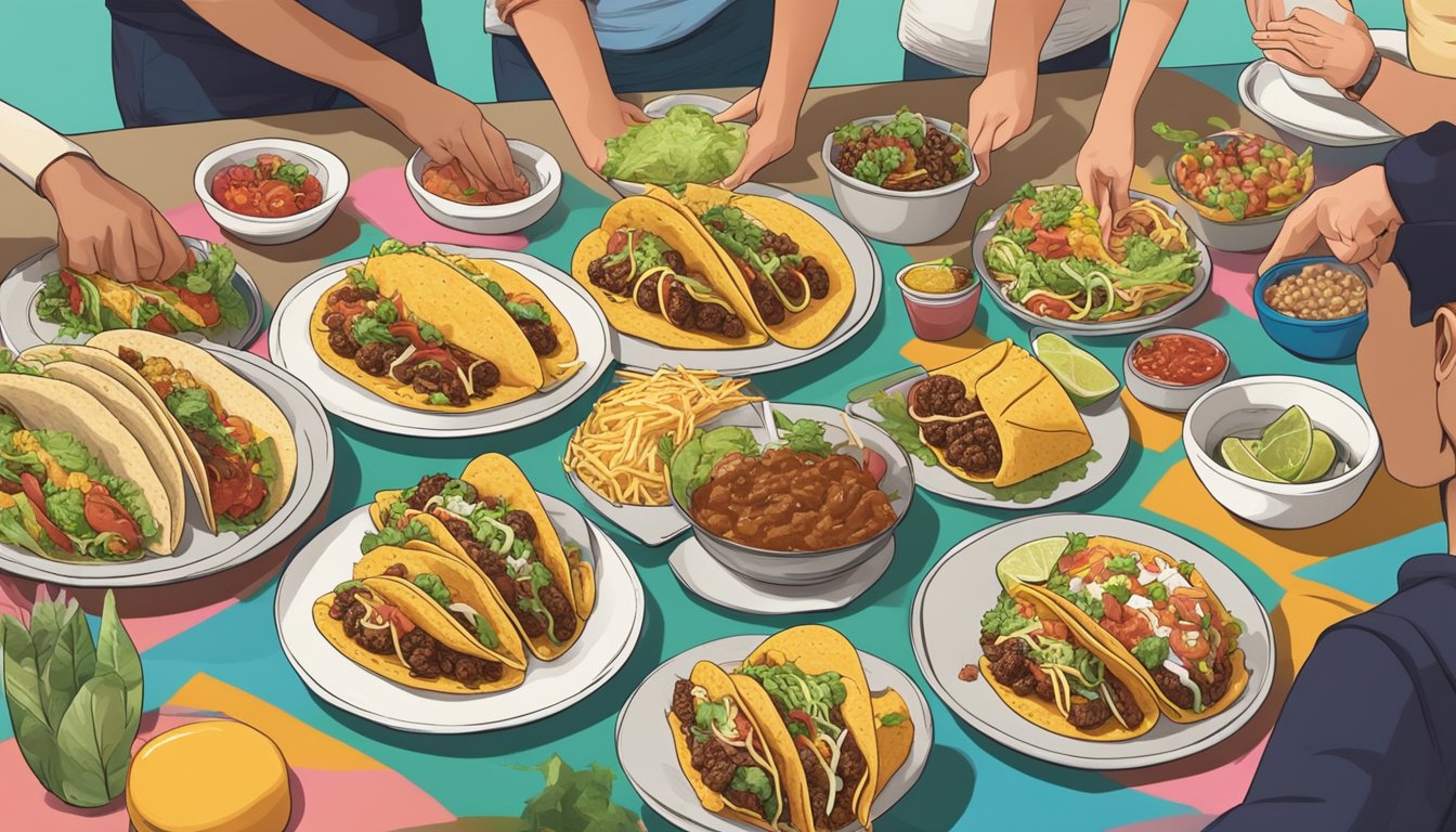 A colorful array of tacos arranged on a table, with various fillings and toppings, surrounded by excited university students