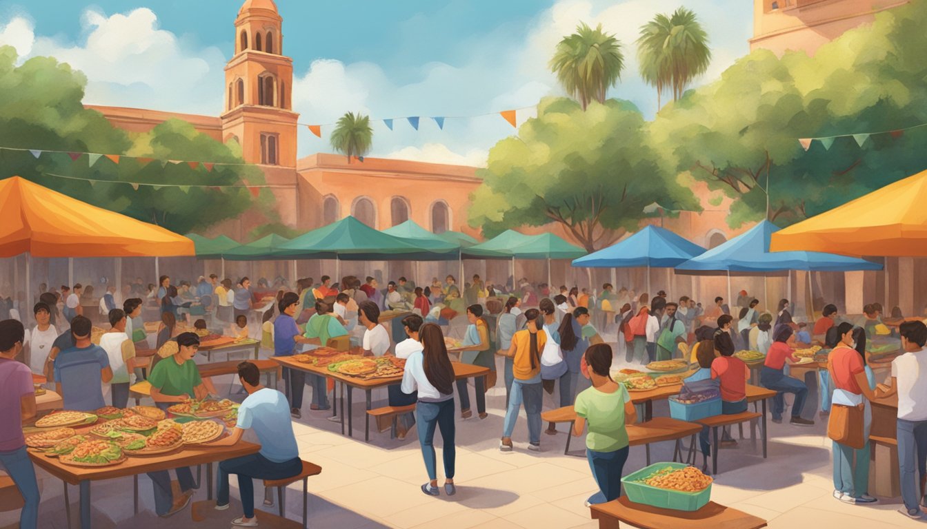 A bustling Mexican university courtyard filled with students enjoying a variety of unique and colorful tacos from food vendors