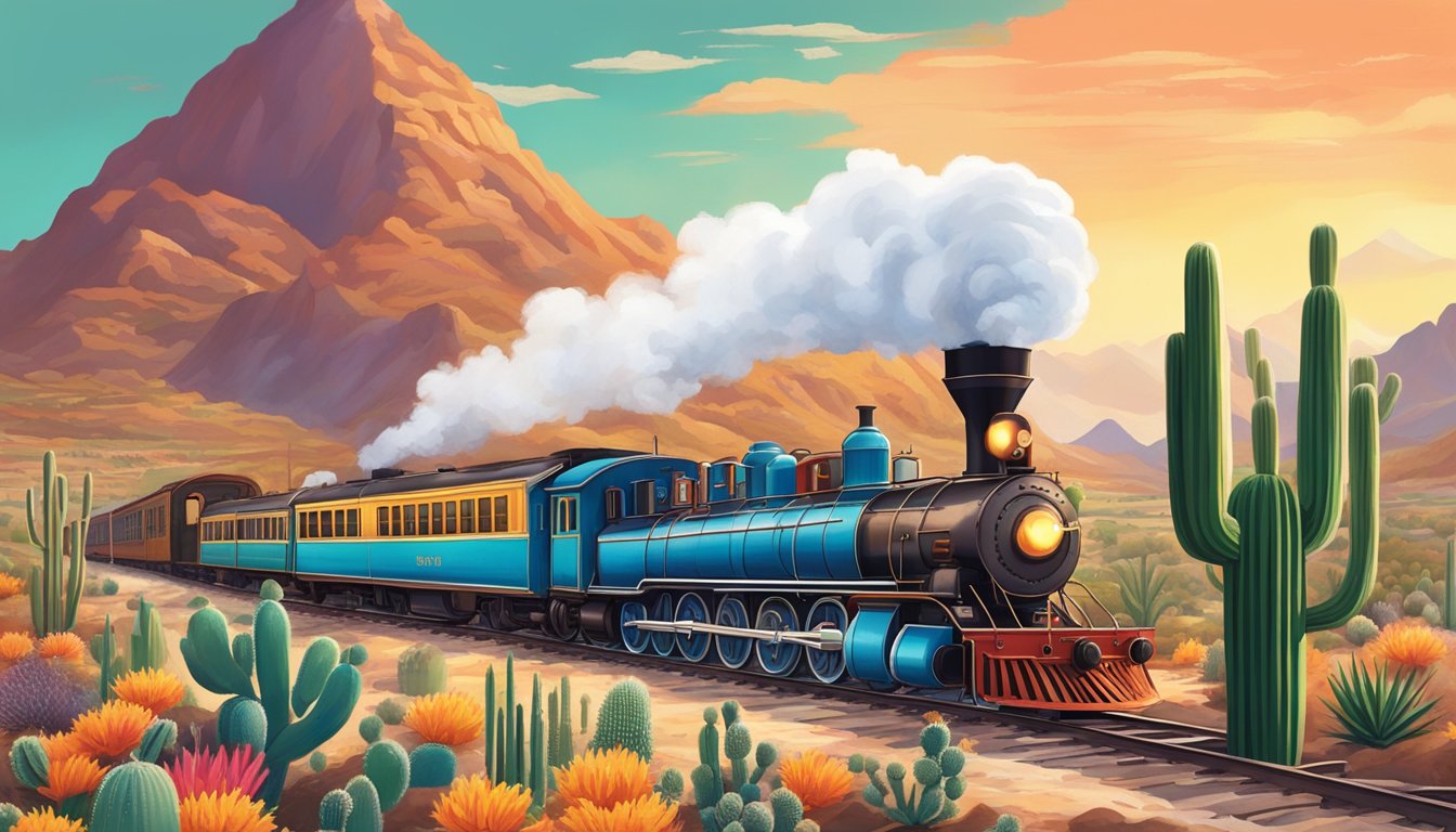 A steam train chugging through a vibrant Mexican landscape, surrounded by cacti and mountains, with a table set for a feast of tacos