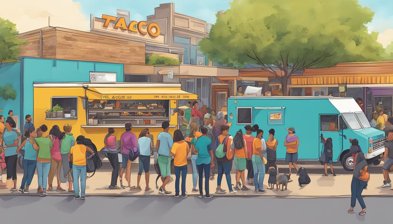 A bustling street scene with colorful food trucks and a line of people waiting for delicious street tacos at Taco Deli in Austin, Texas