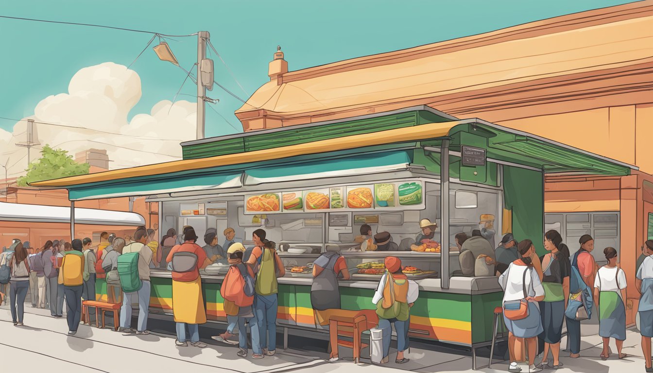 A bustling train station with a colorful Mexican food stall serving up steaming hot tacos to eager passengers