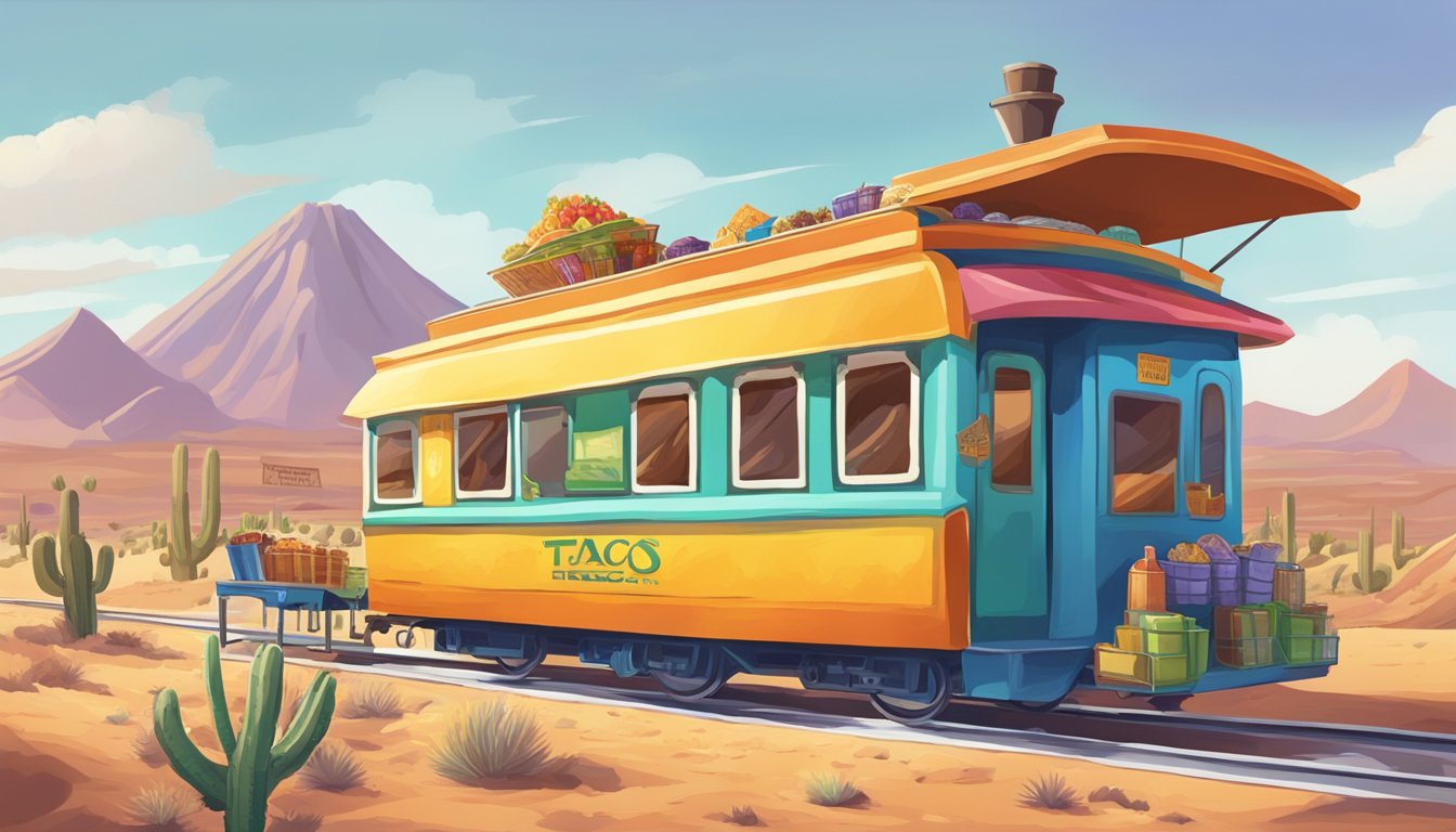 A colorful train chugging through a desert landscape, with a vendor selling tacos from a cart on the platform