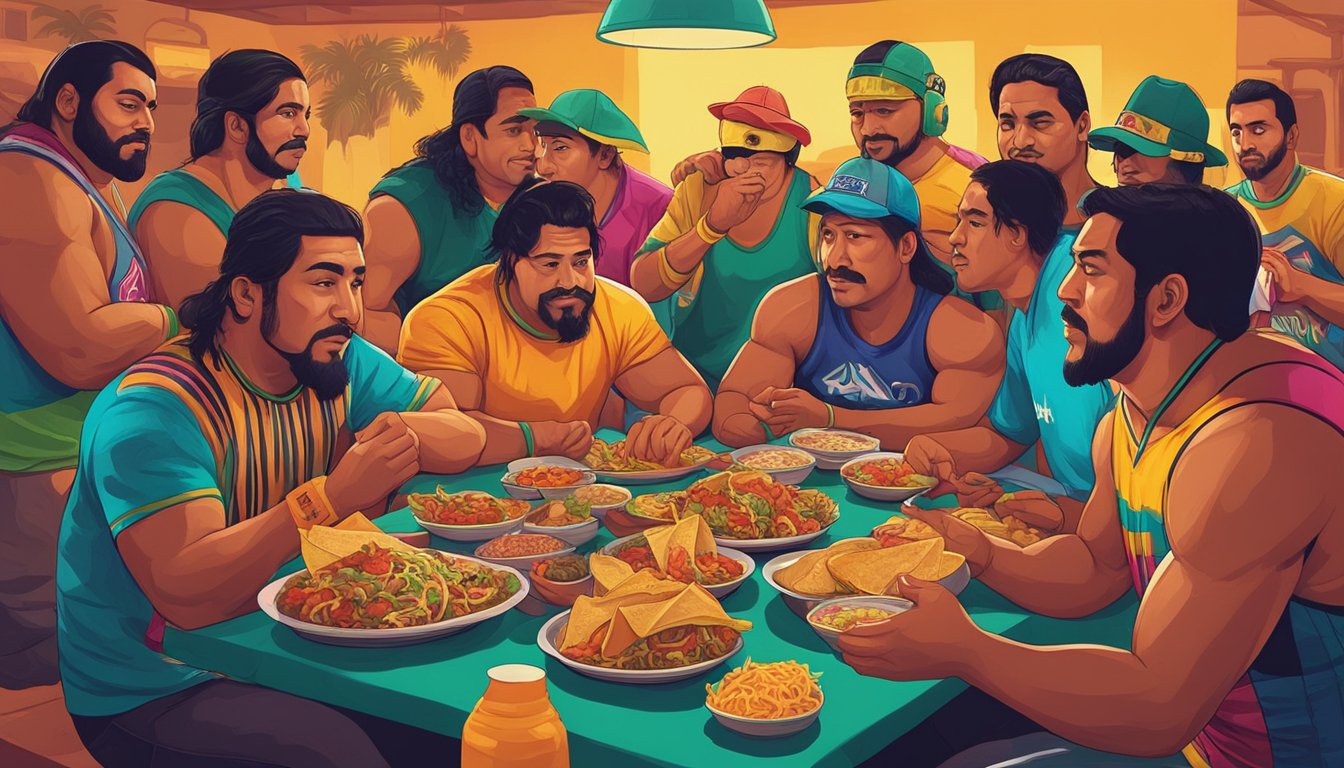 A group of Mexican wrestlers gather around a table piled high with tacos, sharing a meal before their match. The vibrant colors and lively atmosphere reflect the cultural significance of tacos in Mexican wrestling