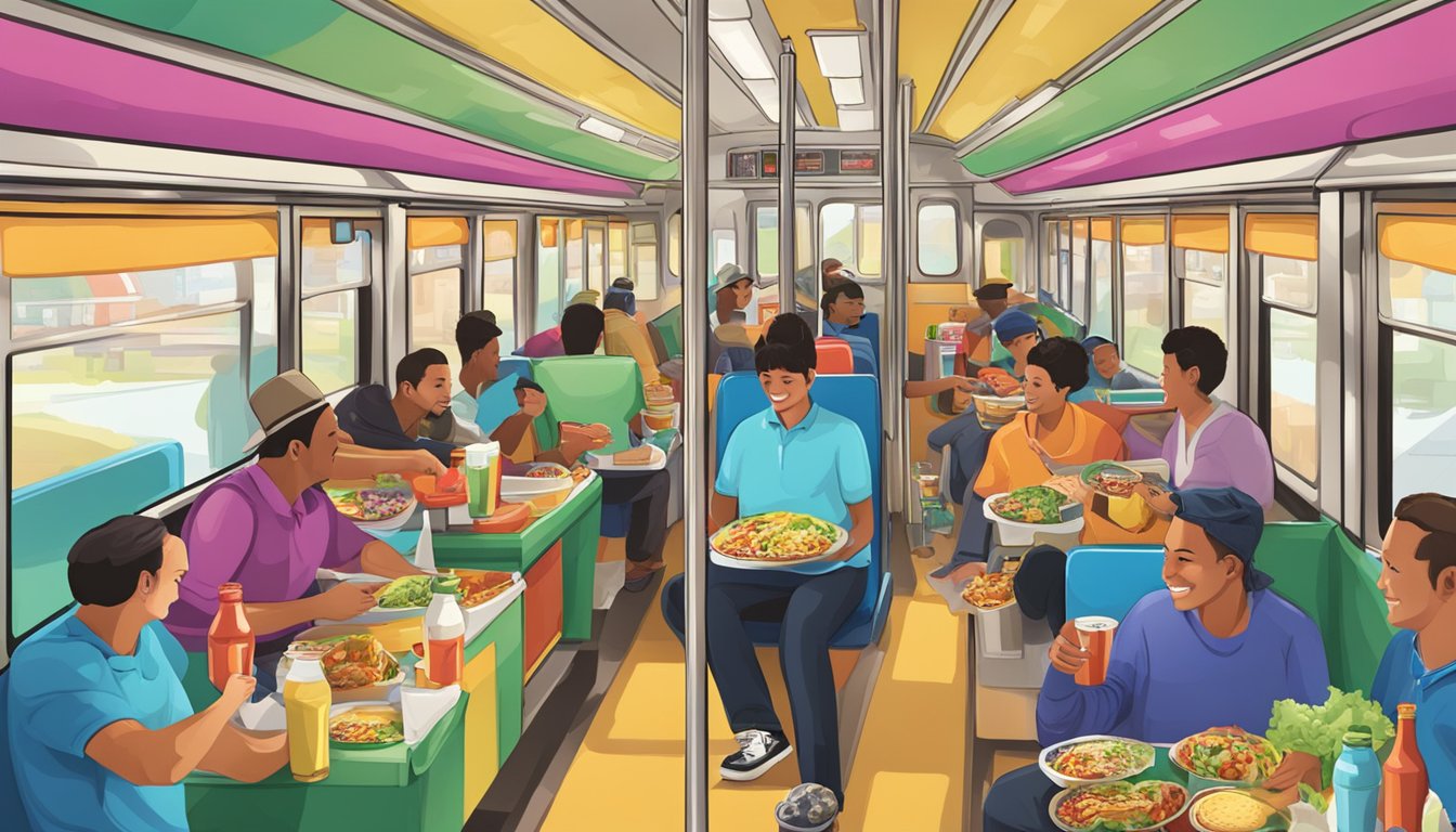 A bustling train car with vendors selling colorful tacos and beverages to passengers