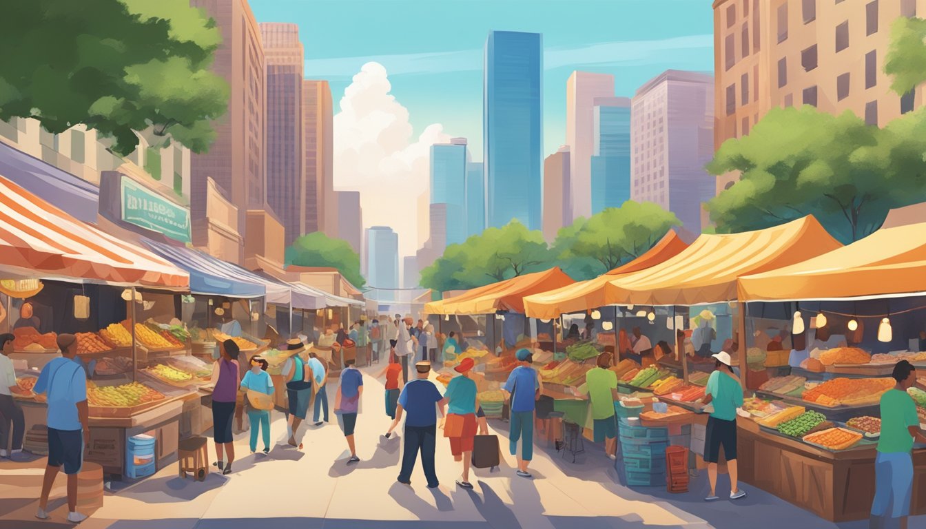 A bustling street market in Houston, with colorful food stalls and lively music, showcasing the best street taco experiences in Texas cities