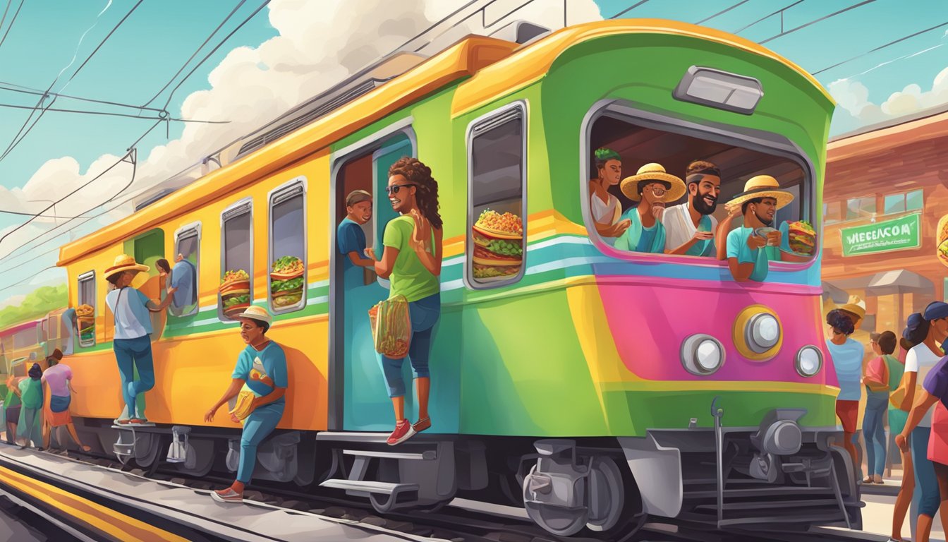 A colorful train car filled with passengers enjoying freshly made tacos and vibrant Mexican cuisine