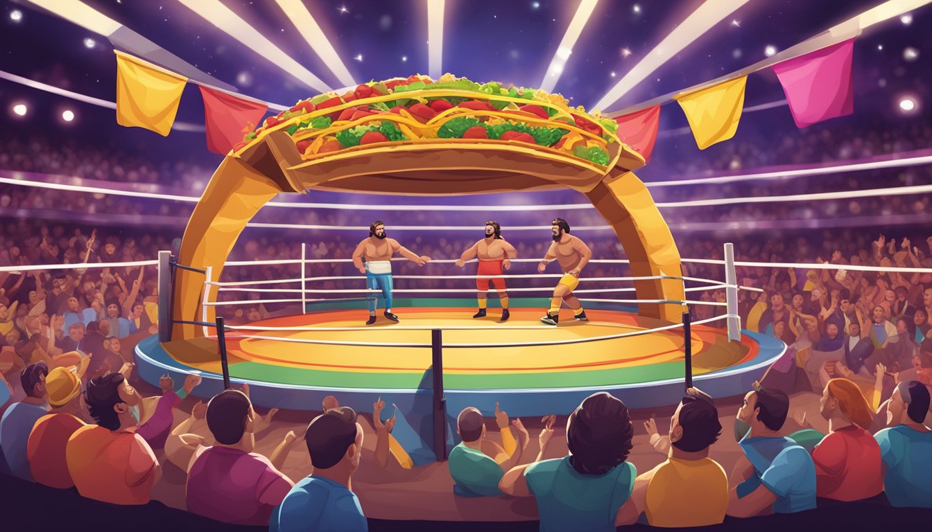 A colorful wrestling ring with taco-shaped banners and wrestlers promoting tacos to the audience