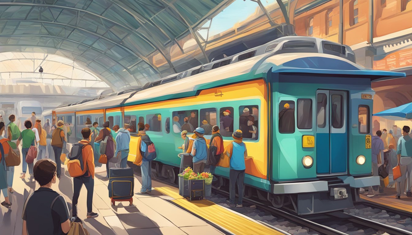 A bustling railway platform with a colorful food stall selling a variety of tacos, surrounded by eager travelers and the sound of departing trains