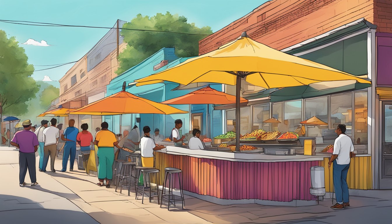 A bustling street corner with colorful umbrellas, a line of customers, and a chef grilling up sizzling tacos at a vibrant taco stand in Dallas