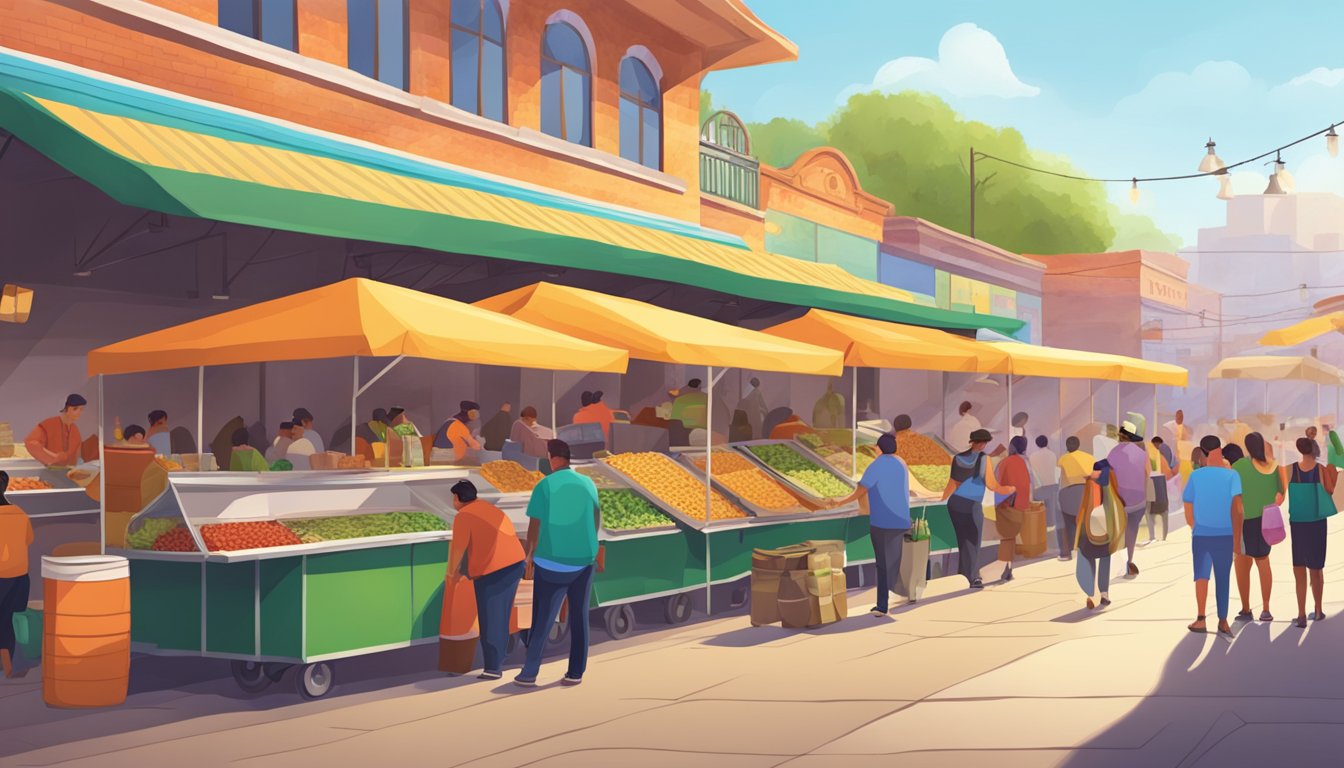 A bustling train station with vendors selling traditional Mexican tacos from colorful food carts