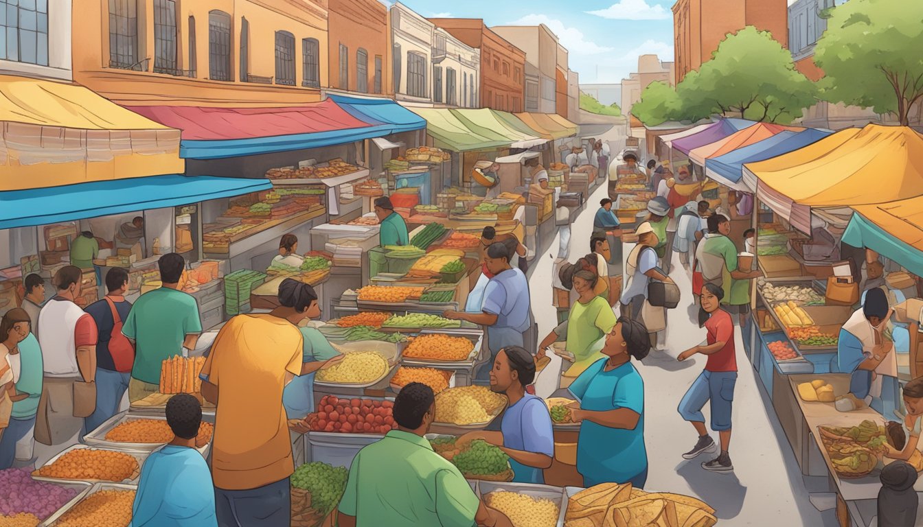 A bustling street market in Texas, with colorful food stalls and lively music, showcasing the cultural significance of street tacos