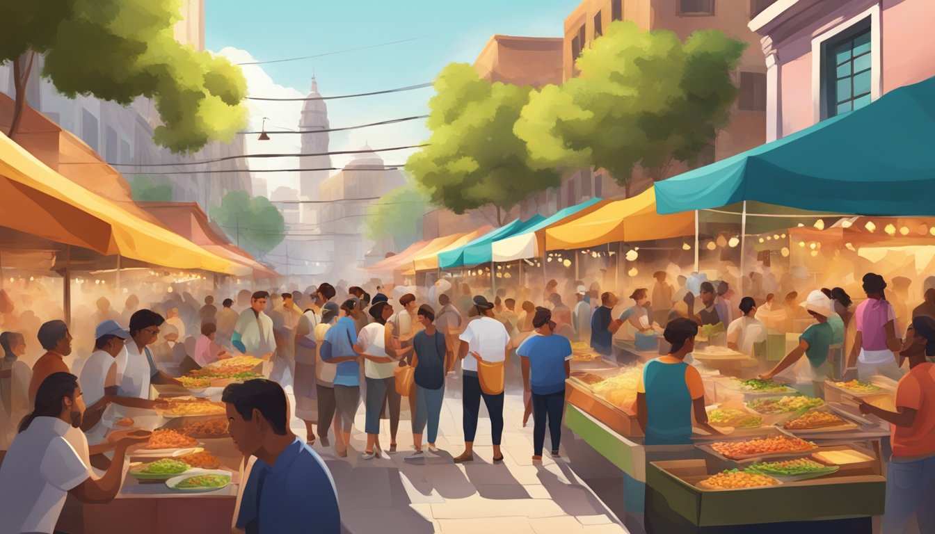 A bustling street market with colorful food stalls, sizzling grills, and a lively atmosphere, surrounded by diverse crowds enjoying authentic street tacos