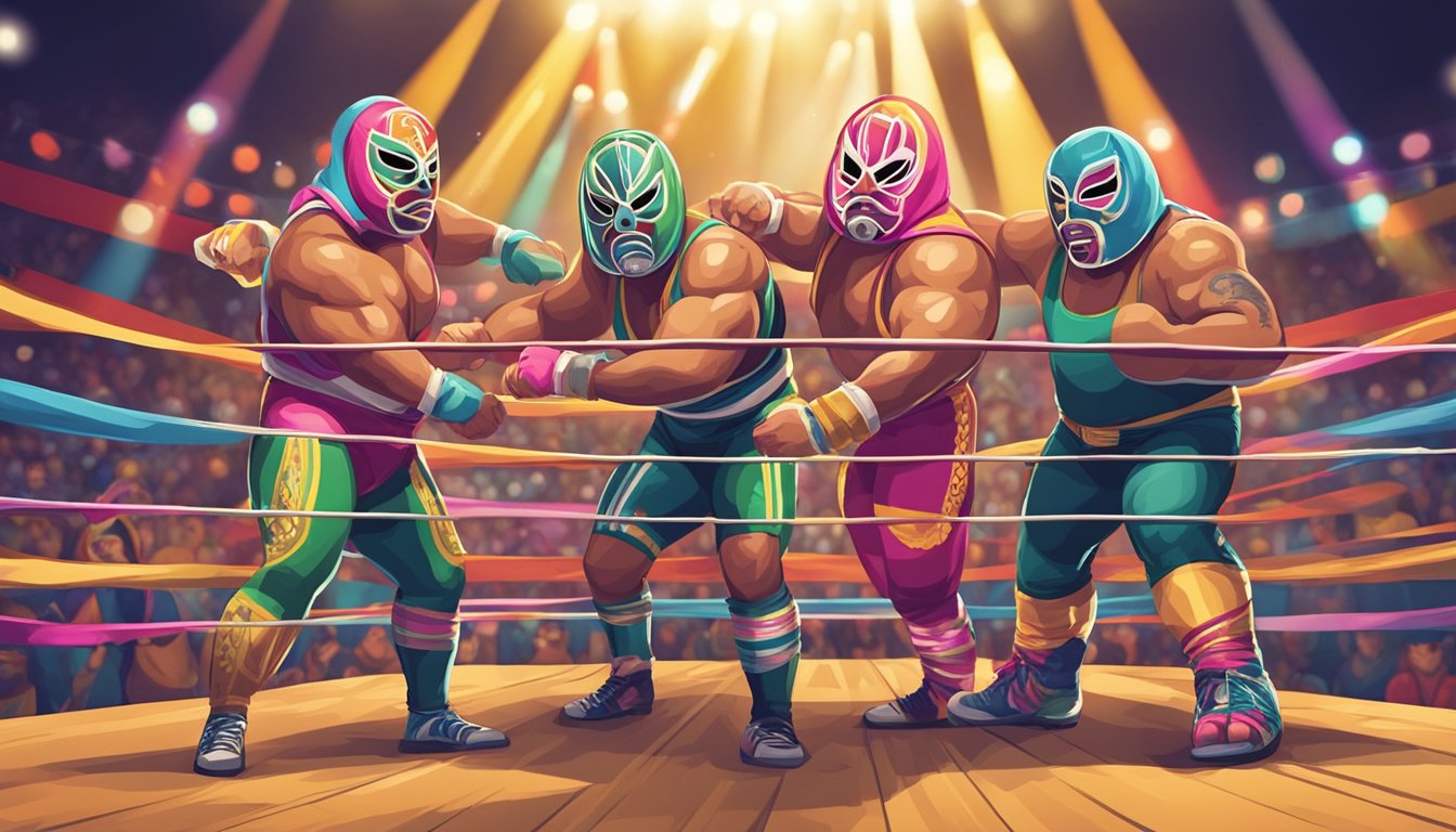 A group of Mexican wrestler-themed tacos engaged in a luchador match, with colorful masks and vibrant costumes, surrounded by a wrestling ring