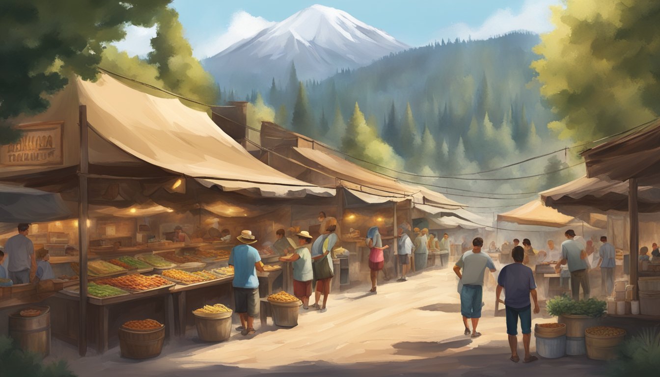 A rustic mountain village with a bustling outdoor market, where locals gather to enjoy freshly made tacos under the shade of towering pine trees