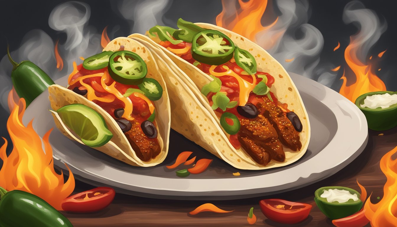 A sizzling taco topped with fiery red sauce and jalapenos, surrounded by flames and smoke