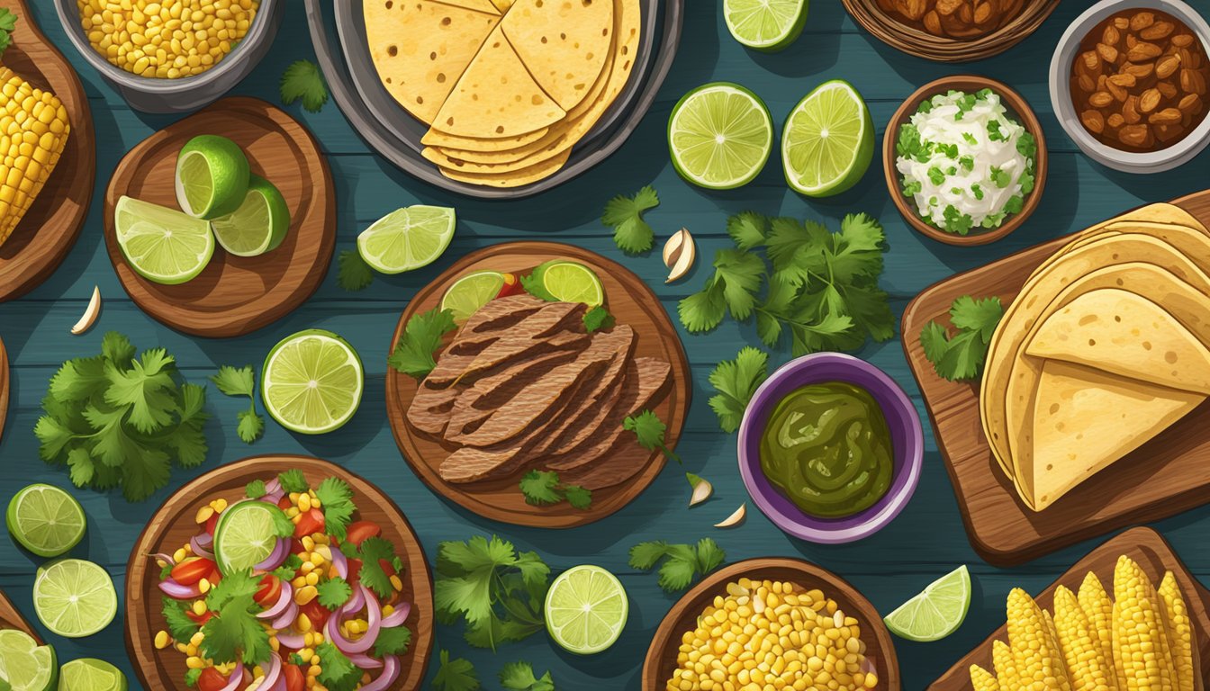 A rustic wooden table displays a spread of traditional Mexican sierra taco ingredients, including corn tortillas, grilled meats, cilantro, onions, and lime wedges