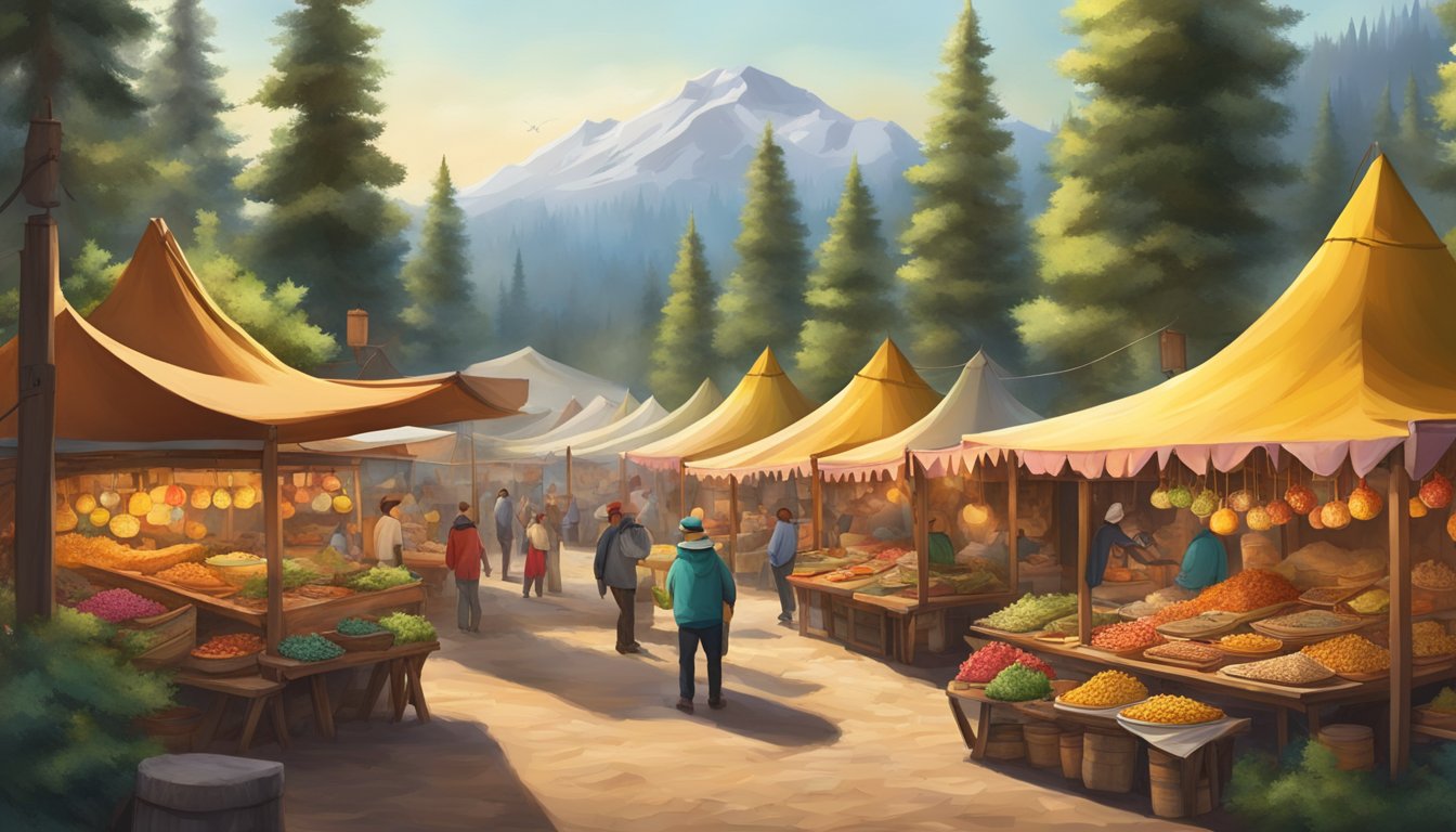 A rustic mountain village with colorful market stalls selling an array of unique taco fillings, surrounded by towering pine trees