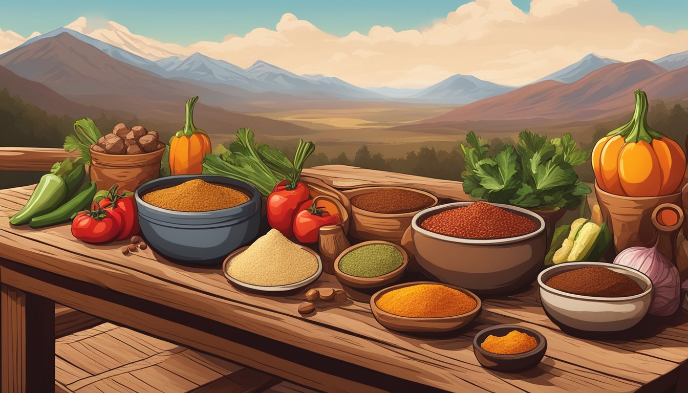 Freshly ground spices, colorful vegetables, and tender meats arranged on a rustic wooden table in a mountainous Mexican setting