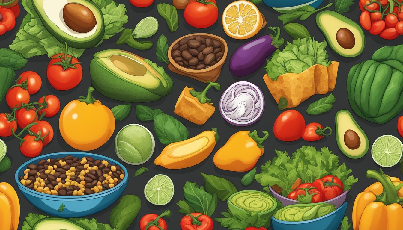 A colorful array of fresh vegetables, including ripe avocados, juicy tomatoes, crisp lettuce, and vibrant bell peppers, alongside a variety of flavorful vegan protein options, such as seasoned tofu, spiced tempeh, and hearty black beans