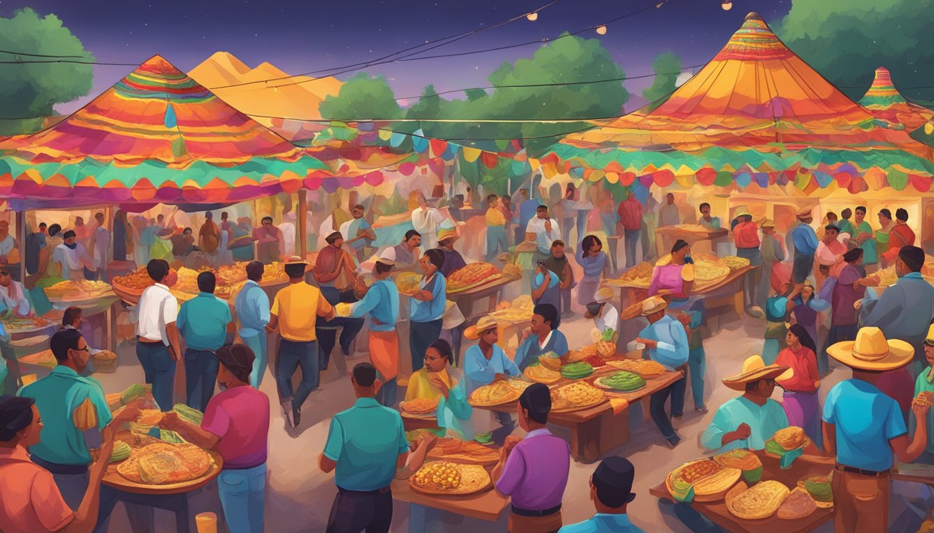 A vibrant festival scene with colorful decorations, mariachi bands, and people enjoying traditional Mexican tacos from the sierras