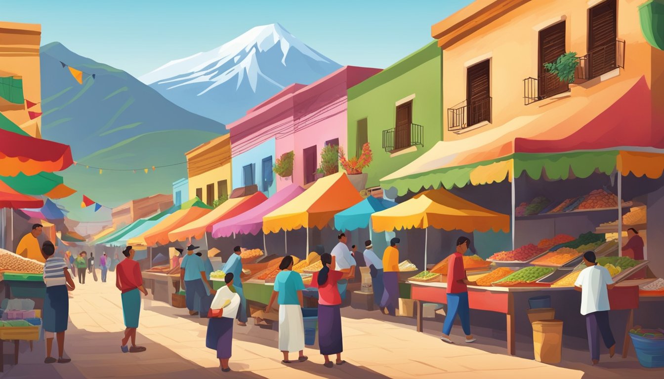 Colorful market scene with mountains in the background, showcasing local vendors selling traditional Mexican tacos to tourists and locals