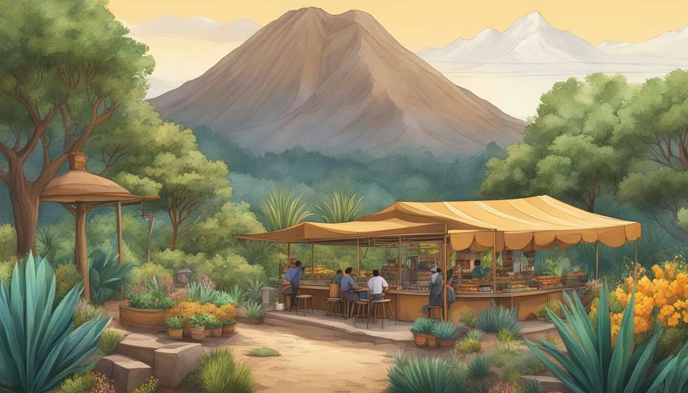 A lush mountain landscape with native plants, animals, and a traditional Mexican taco stand made from sustainable materials