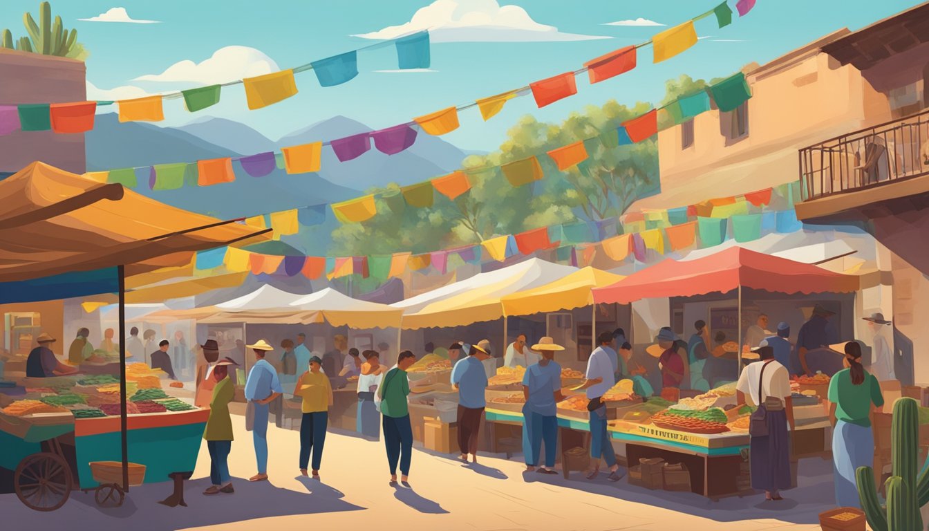 A bustling market scene in the Mexican sierras, with colorful taco stands and locals enjoying traditional tacos