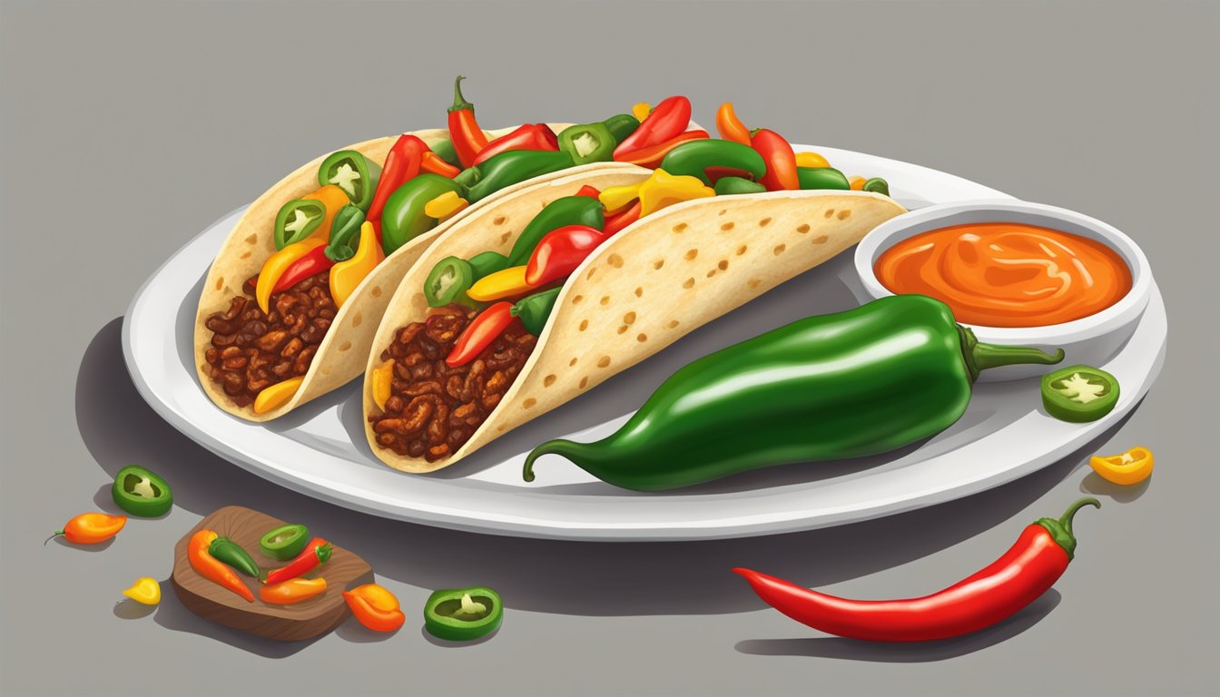 A sizzling jalapeño heat taco surrounded by vibrant peppers and a fiery hot sauce, emanating spicy aroma