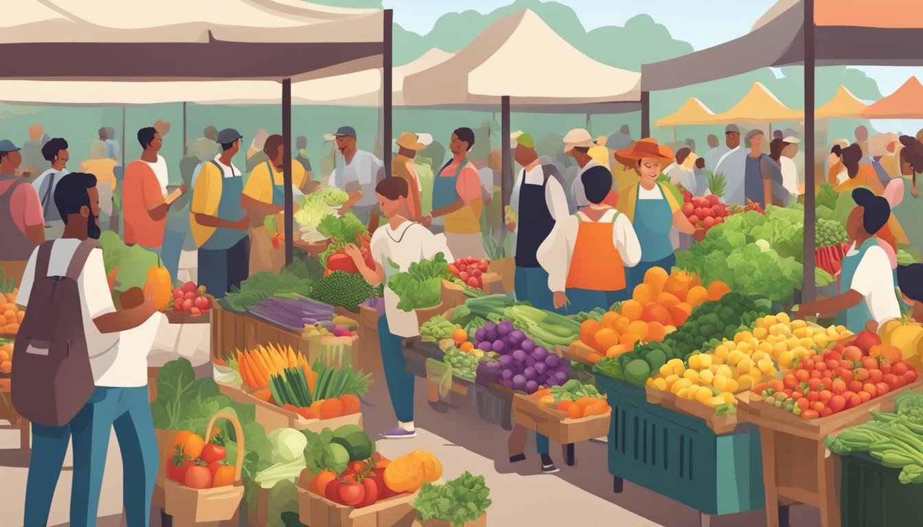 A bustling farmers market stall with colorful, fresh vegetables and fruits displayed, surrounded by excited customers