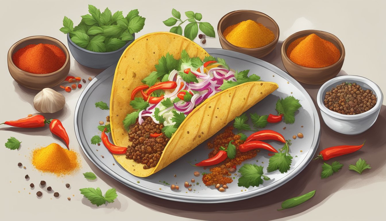 A sizzling Carolina Reaper taco on a plate, surrounded by colorful spices and herbs, with steam rising from the spicy filling