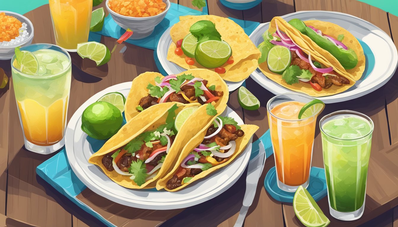 A table set with colorful vegan tacos and a variety of refreshing drinks, including margaritas, aguas frescas, and craft beers