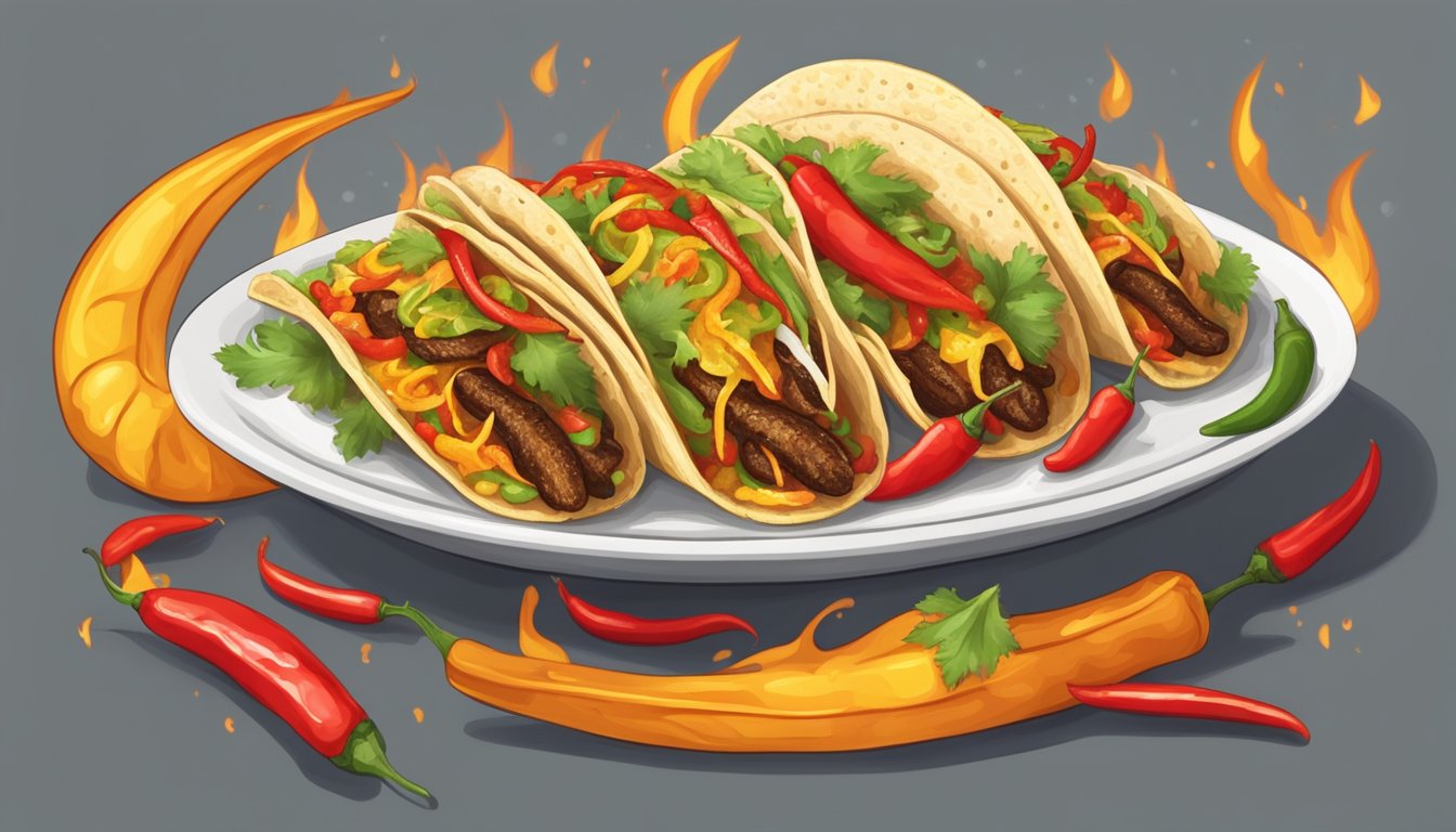 A steaming taco with a scorpion on top, surrounded by flames and chili peppers