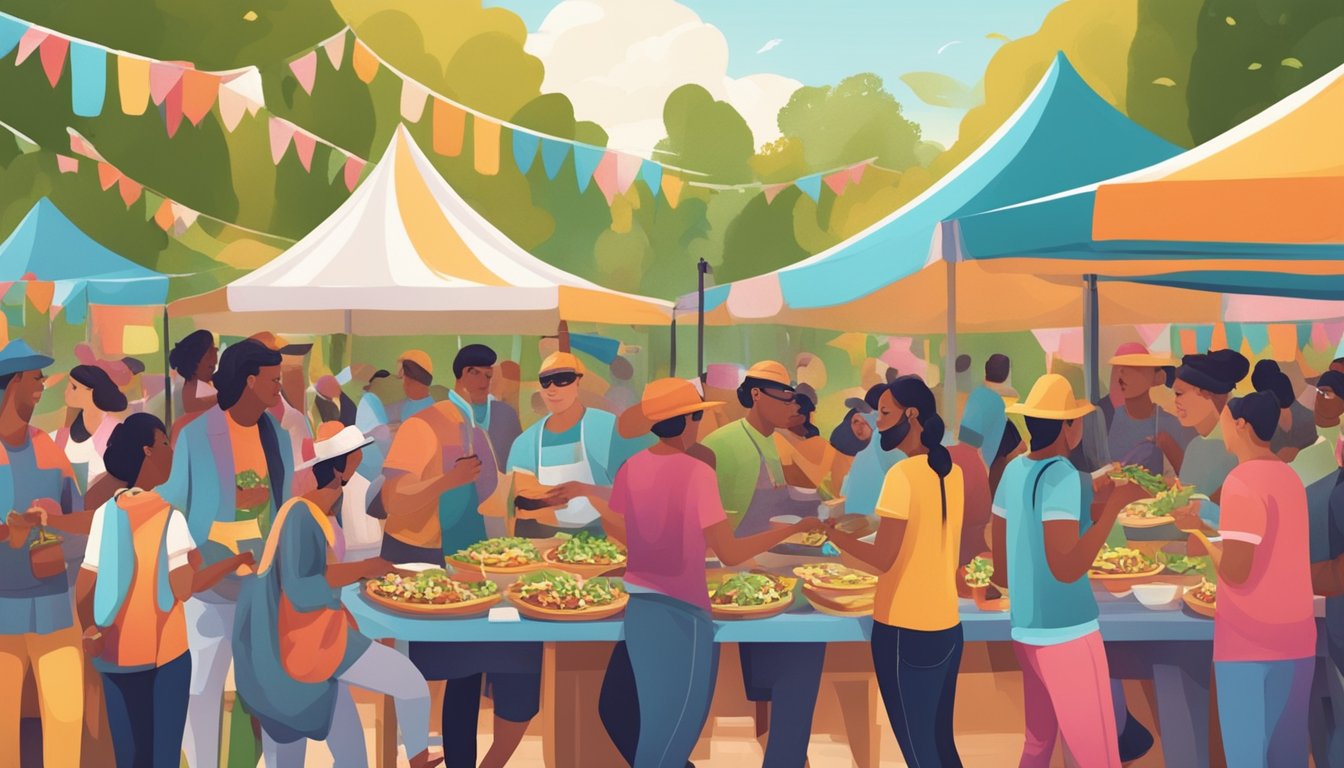 A colorful outdoor festival with vendors serving up a variety of delicious vegan tacos. People are gathered around, enjoying the food and lively atmosphere