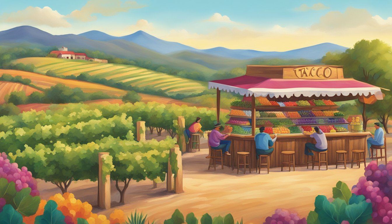 Vibrant vineyards and rolling hills surround a rustic taco stand in the heart of Mexican wine country. A colorful fiesta of flavors and aromas fills the air