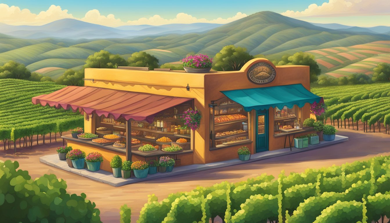 Vibrant taco stands amidst lush vineyards and rolling hills in the heart of the Mexican wine country