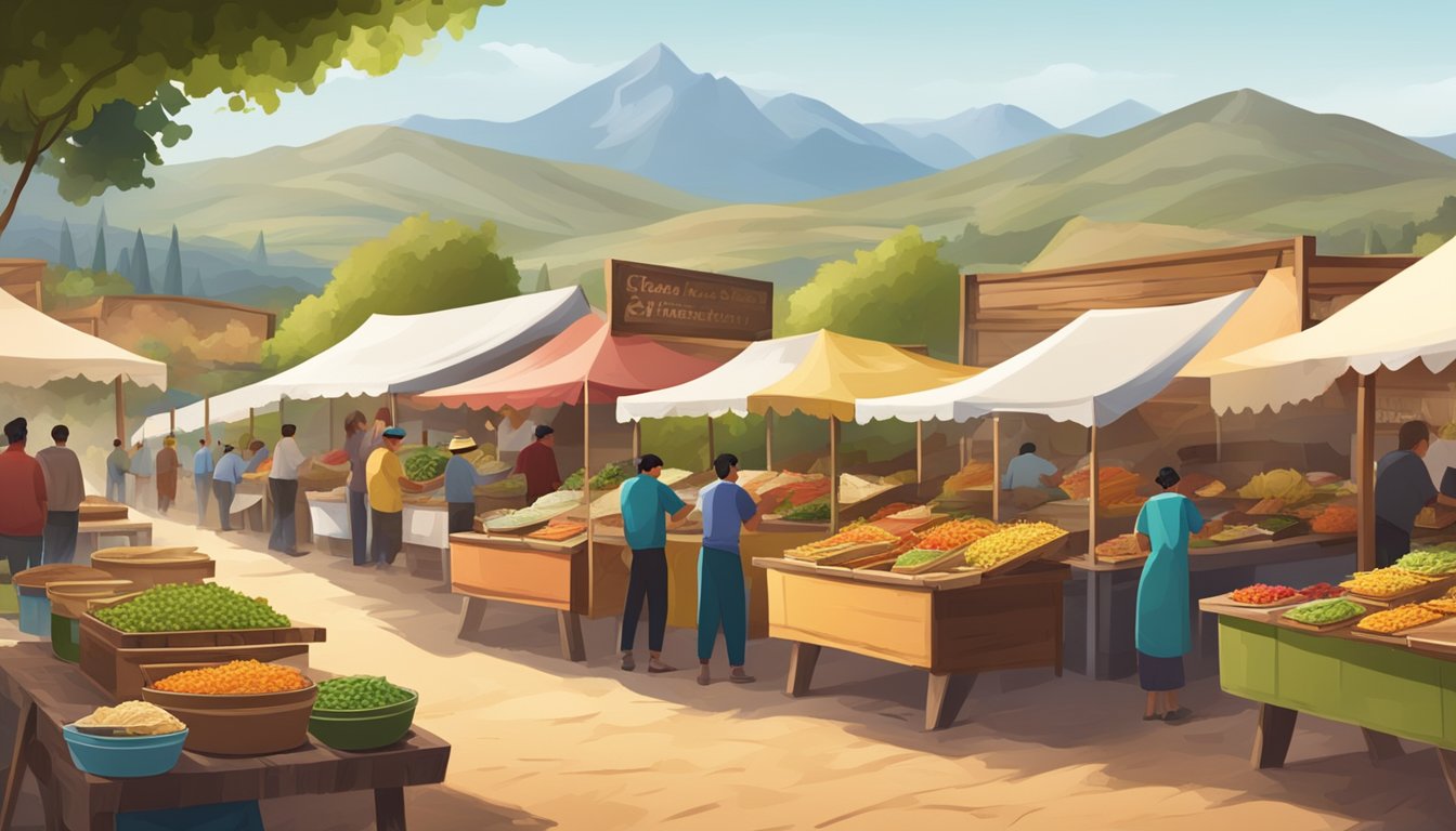 A rustic outdoor market with colorful stalls selling various types of tacos, surrounded by rolling vineyards and mountains in the background