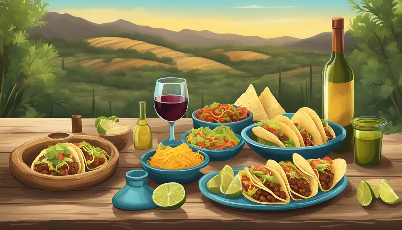 A table set with various tacos and wine bottles in a rustic Mexican countryside setting